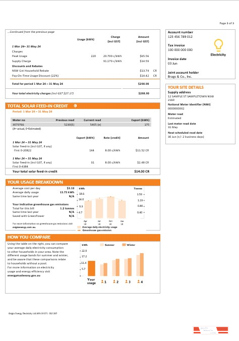 Australia New South Wales (NSW) Origin electricity business utility bill template in Word and PDF forma 3pages PSD template